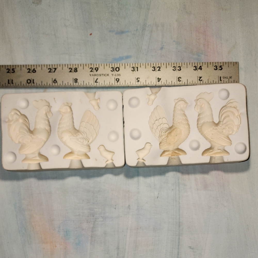 Vintage ceramic mold with rooster hen and chicks.